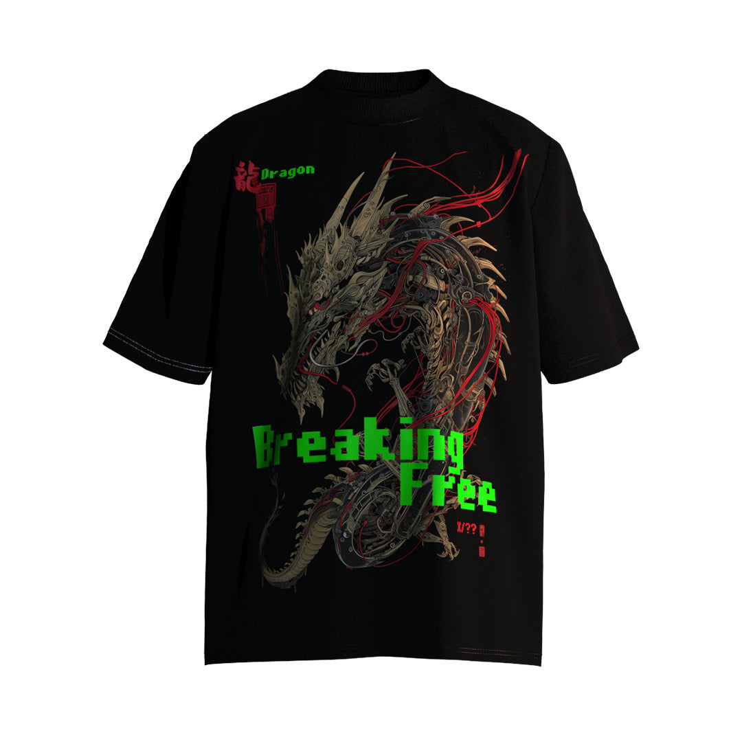 - Breaking Free - Mechanical Asian Dragon Futuristic Steampunk Print Genderless Loose-Fit Short Sleeve T-Shirt