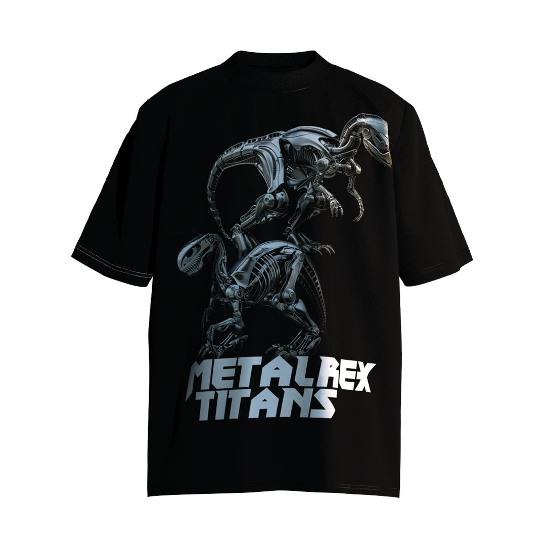 - MetalRex Titans - Jurassic Mecha Dinosaur Futuristic Cyberpunk Print Genderless Loose-Fit Short Sleeve T-Shirt