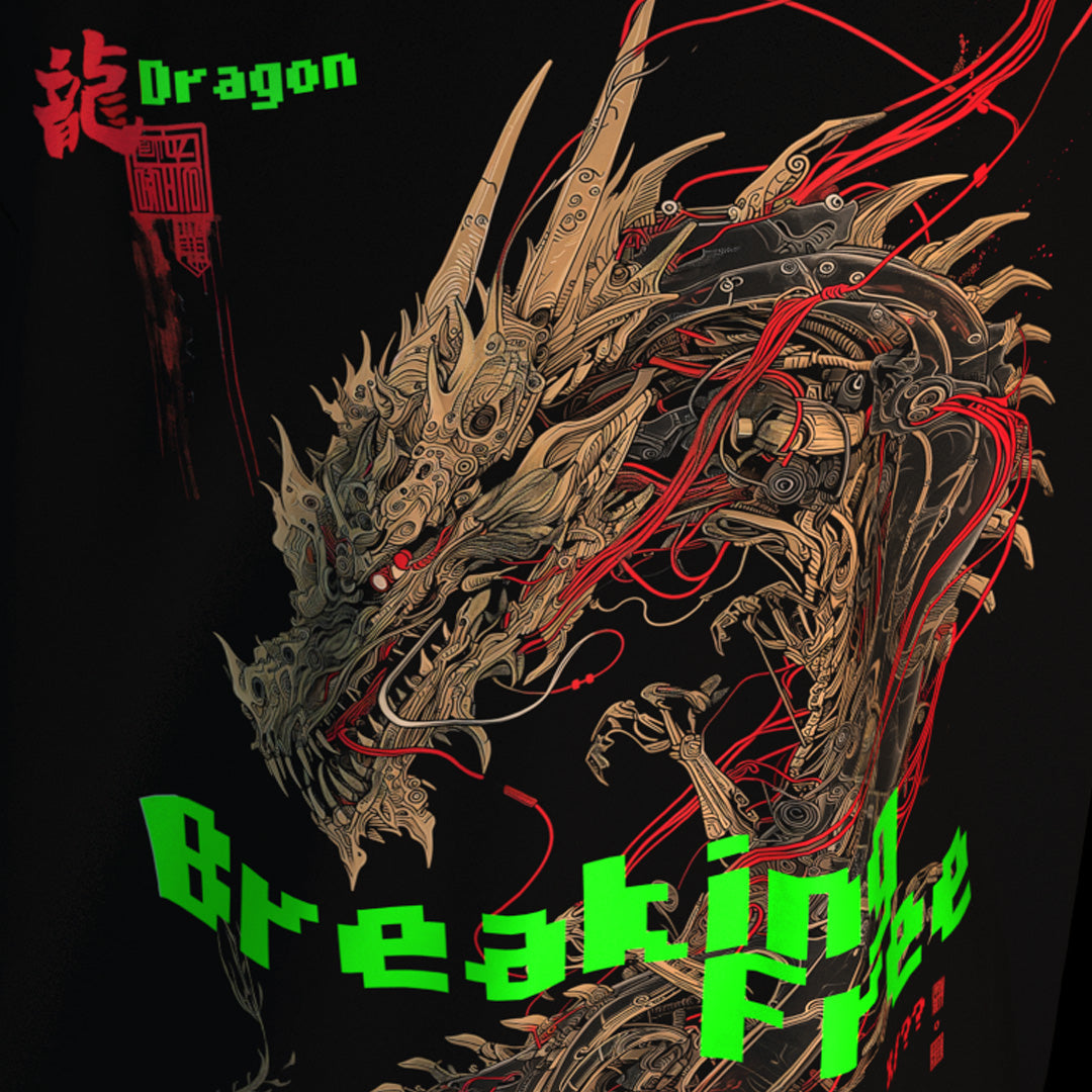 - Breaking Free - Mechanical Asian Dragon Futuristic Steampunk Print Genderless Loose-Fit Short Sleeve T-Shirt