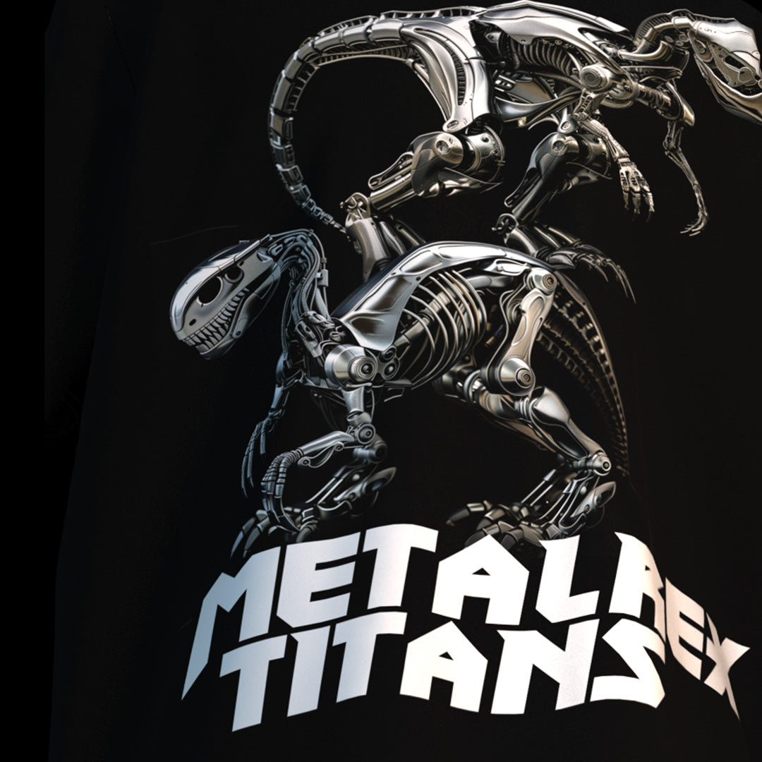 - MetalRex Titans - Jurassic Mecha Dinosaur Futuristic Cyberpunk Print Genderless Loose-Fit Short Sleeve T-Shirt