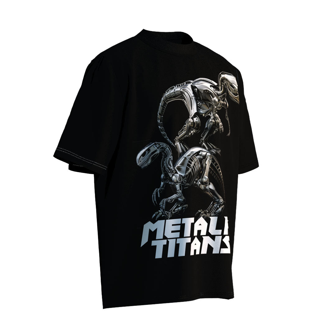 - MetalRex Titans - Jurassic Mecha Dinosaur Futuristic Cyberpunk Print Genderless Loose-Fit Short Sleeve T-Shirt