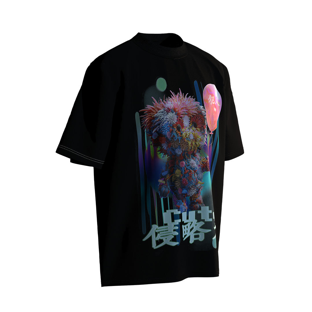 【Limited Edition】- Cute Invader - Adorable Alien & Multicolor Floral Print Genderless Loose-Fit T-Shirt